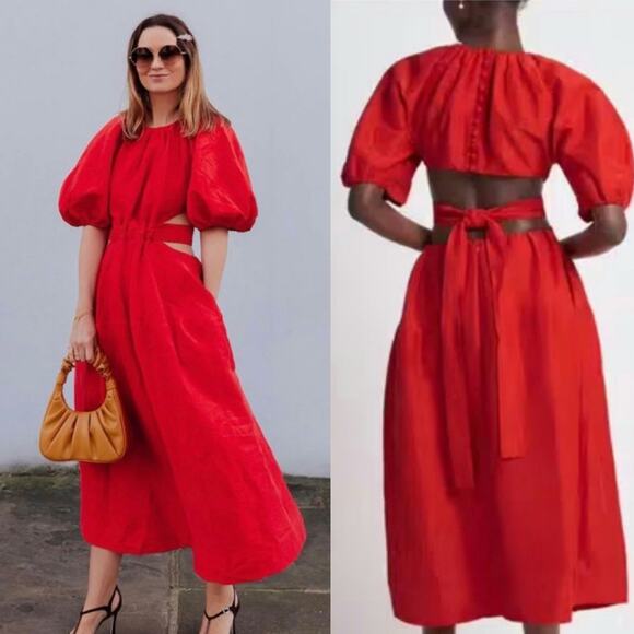 Aje Dresses & Skirts - Aje Dress Midi Mimosa Puff Sleeve Red Cut Out AU 8, US 4